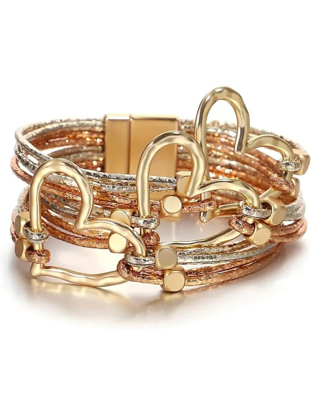 Women Gold Brown Leopard Multi Layer Crystal Beads Cuff Leather Wrap Bracelets